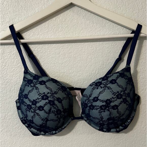 Victoria's Secret Push-up Bra 36D Blue Lace Floral - Picture 1 of 7